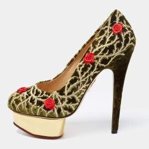 Pre Owned Charlotte Olympia Green/Red Velvet Floral Applique Dolly Platform Pumps Size 36 