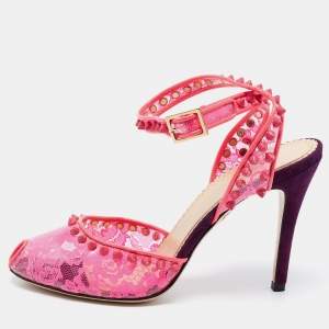 Charlotte Olympia Pink PVC Soho Studded Ankle Strap Pumps Size 38.5