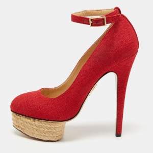 Pre Owned Charlotte Olympia Red Canvas Dolly Ankle Strap Pumps Size 38