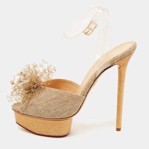 Charlotte Olympia Gold/Beige Canvas and PVC Platform Ankle Strap Pumps Size 40