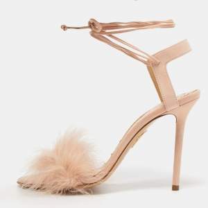Charlotte Olympia Light Pink Suede and Feather Salsa Ankle Tie Sandals Size 39.5