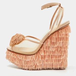 Charlotte Olympia Peach Pink Mesh and Satin Gigi Wedge Sandals Size 38.5