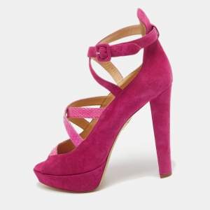 Charlotte Olympia Pink Snakeskin and Suede Ankle Strap Pumps Size 41