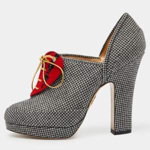 Charlotte Olympia Grey/Red Canvas and Suede Ankle Booties Size 38.5