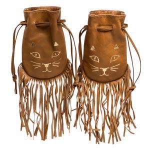 Charlotte Olympia Brown Leather Fringe Kitty Set of 2 Pochette 