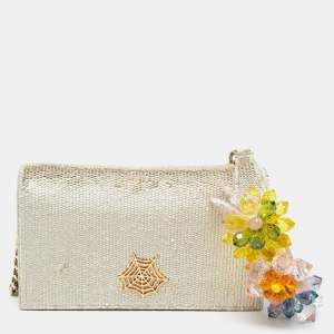 Pre Owned Charlotte Olympia Silver Leather Sequin Embellished Chain Clutch
