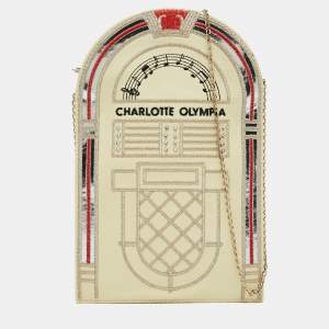 Charlotte Olympia Cream Patent Leather Embroidered Chain Clutch