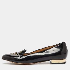 Charlotte Olympia Black Patent Leather Fashionably Late Clock Face Smoking Slippers Size 36