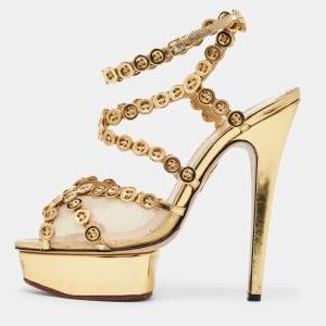 Charlotte Olympia Gold Leather and Mesh Button Up Isadora Sandals Size 39