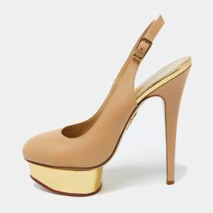 Charlotte Olympia Beige Leather Dolly Platform Slingback Pumps Size 38.5