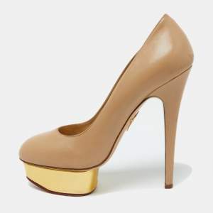 Charlotte Olympia Beige Leather Dolly Platform Pumps Size 39.5