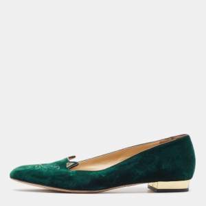 Charlotte Olympia Dark Green Velvet Kitty Ballet Flats Size 41