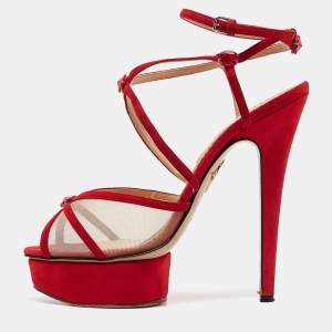 Charlotte Olympia Red Suede and Mesh Crystal Isadora Sandals Size 40