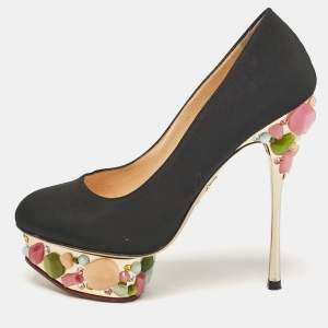 Charlotte Olympia Black Satin Dolly Platform Pumps Size 37.5