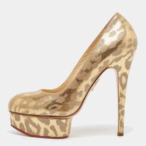 Charlotte Olympia Gold/Grey Leather Dolly Platform Pumps Size 37.5