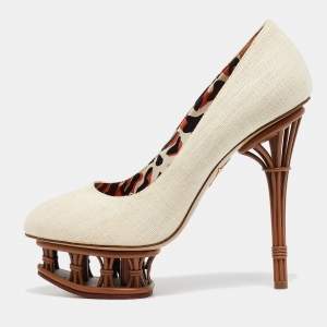 Charlotte Olympia Cream Canvas Rattan Dolly Platform Pumps Size 38