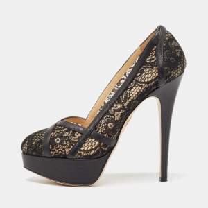 Charlotte Olympia Black Lace and Leather Platform Pumps Size 38