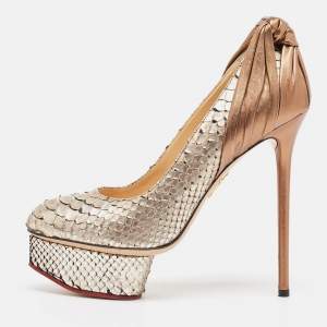 Charlotte Olympia Gold/Silver Python Leather Platform Pumps Size 37.5