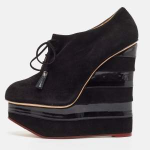 Charlotte Olympia Black Suede and Patent Leather Martha Wedge Booties Size 40