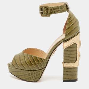 Charlotte Olympia Green Croc Embossed Leather Eugenie Platform Sandals Size 36