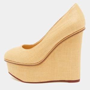 Charlotte Olympia Beige Raffia Carmen Platform Wedge Pumps Size 36