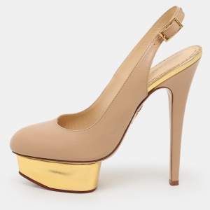 Charlotte Olympia Beige Leather Dolly Slingback Platform Sandals Size 37