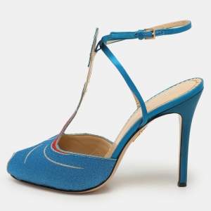 Charlotte Olympia Blue Metallic Lurex Fabric Ankle Strap Sandals Size 40