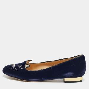 Charlotte Olympia Blue Velvet Kitty Smoking Slippers Size 37