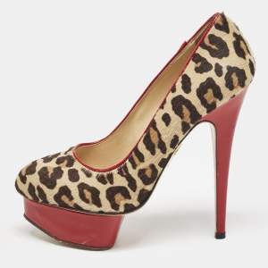 Charlotte Olympia Brown Leopard Print Calf Hair Polly Platform Pumps Size 38
