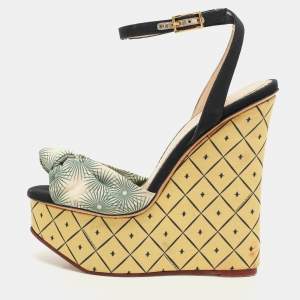 Charlotte Olympia Black/Green Satin Tie Ankle Strap Wedge Sandals Size 38.5