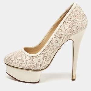 Charlotte Olympia Beige Lace and Fabric Polly Platform Pumps Size 37