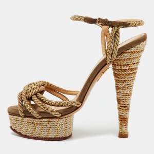 Charlotte Olympia Gold Metallic Rope and Suede Platform Ankle Strap Sandals Size 38