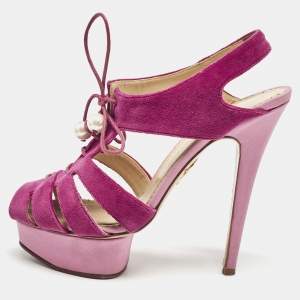 Charlotte Olympia Pink/Purple  Velvet Lace Up Platform Sandals Size 39.5