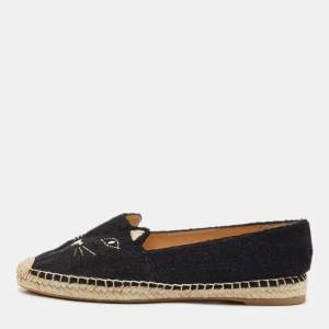 Charlotte Olympia Black Canvas Kitty Espadrille Flats Size 38
