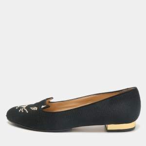 Charlotte Olympia Black Canvas Kitty Smoking Slippers Size 37.5