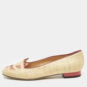 Charlotte Olympia Beige Raffia Kitty Smoking Slippers Size 38
