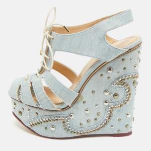 Charlotte Olympia Blue Denim Studded Cut Out Wedge Platform Sandals Size 38