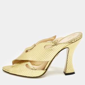 Charlotte Olympia Gold Snakeskin Embossed Patent Leather Cut Out Slide Sandals Size 38