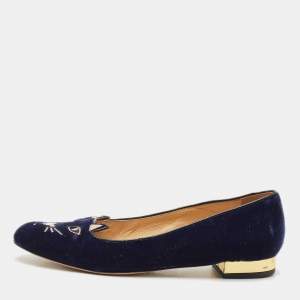 Charlotte Olympia Navy Blue Velvet Kitty Ballet Flats Size 39