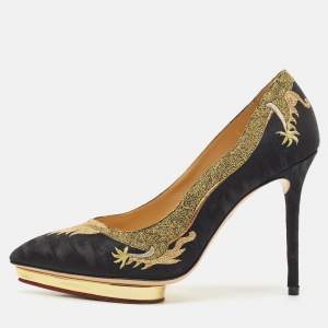 Charlotte Olympia Black Fabric Debbie Dragon Pointed Toe Platform Pumps Size 41