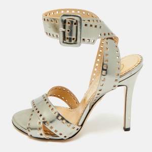 Charlotte Olympia Silver Leather Lasercut Crisscross Ankle Strap Sandals Size 34