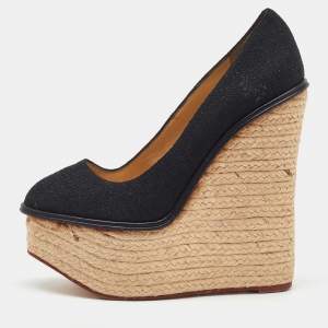 Charlotte Olympia Black Fabric Carmen Espadrille Platform Wedge Pumps Size 38