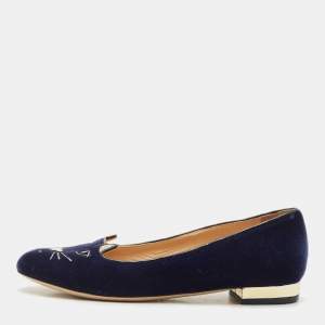 Charlotte Olympia Navy Blue Fabric Kitty Smoking Slippers Size 36.5