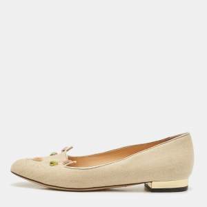Pre Owned Charlotte Olympia Beige Canvas Smoking Slippers Size 37