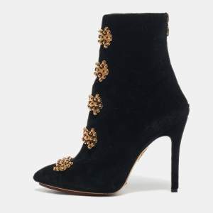 Pre Owned Charlotte Olympia Black Velvet Stud Embellished Ankle Length Boots Size 38