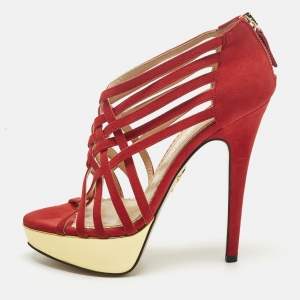 Pre Owned Charlotte Olympia Red Suede Strappy Platform Sandals Size 36.5