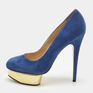 Pre Owned Charlotte Olympia Blue Suede Dolly Platform Pumps Size 41