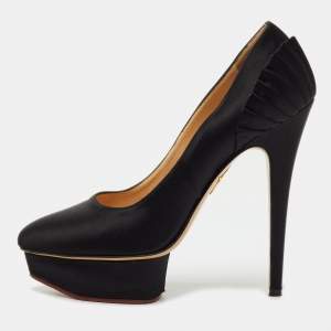 Pre Owned Charlotte Olympia Black Satin Dolly Platform Pumps Size 39