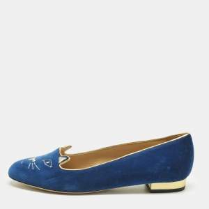Pre Owned Charlotte Olympia Navy Blue Velvet Kitty Ballet Flats Size 40