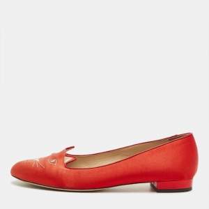 Pre Owned Charlotte Olympia Red Satin Cheeky Kitty Ballet Flats Size 40